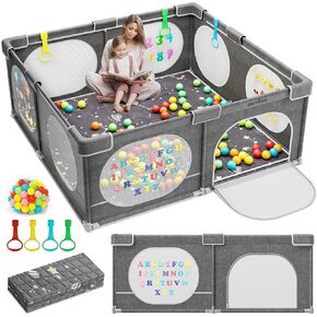 Foldable Baby Playpen with Play Mat, 71x59 Extra Large Foldable Playard with Learning Pattern Design, Indoor & Outdoor Baby Fence, Safety Play Yard for Babies, Toddlers, Kids and Children’s