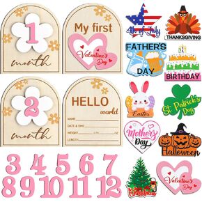 23 Pcs Baby Monthly Milestone Cards My First Holiday Wood Baby Milestone Signs First Valentine St. Patrick's Day Interchangeable Number Set Baby Announcement Wood Discs for Newborn Growth Recording