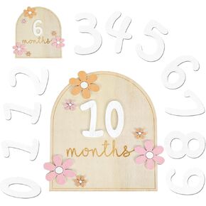 Sibba Baby Monthly Milestone Cards 11Pcs Posing Props Wooden Signs Newborn Photography Props Monthly Milestone Discs Interchangeable Number Set for Growth Recording (3D Flower)