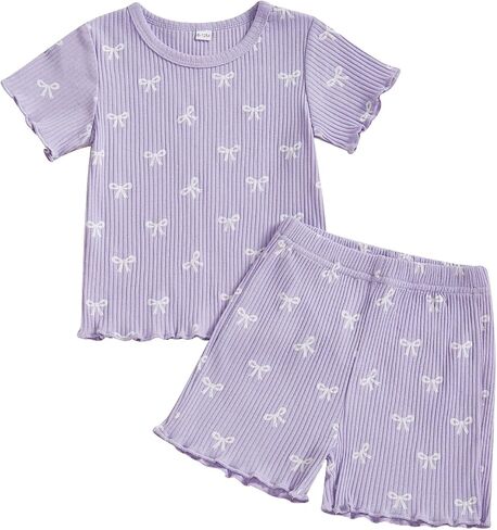 Fiomva Toddler Baby Girl ملابس الصيف ملابس القوس طباعة قمم Tees Tshirt+سروال قصير ركض 2PIES in Kuwait