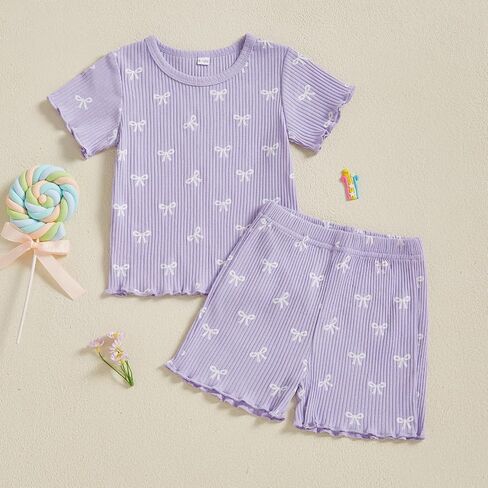 Fiomva Toddler Baby Girl ملابس الصيف ملابس القوس طباعة قمم Tees Tshirt+سروال قصير ركض 2PIES in Kuwait