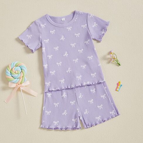 Fiomva Toddler Baby Girl ملابس الصيف ملابس القوس طباعة قمم Tees Tshirt+سروال قصير ركض 2PIES in Kuwait