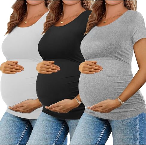 KIM S Maternity Shirts, 3 Packs Maternity Shirt Side Ruched Maternity Tops Casual Pregnancy Maternity-Clothes in Saudi Arabia