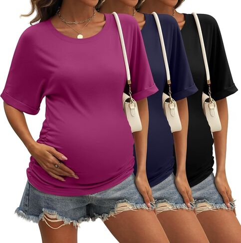 Ficerd 3 Pack Tomens Daternity Cotton Dorts ، نصف الأكمام الجانبية Ruched Tops Crew Neck Tunic Summer Tops Casual Frendancy in Kuwait