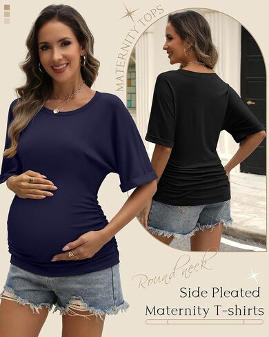 Ficerd 3 Pack Tomens Daternity Cotton Dorts ، نصف الأكمام الجانبية Ruched Tops Crew Neck Tunic Summer Tops Casual Frendancy in Kuwait