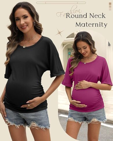 Ficerd 3 Pack Tomens Daternity Cotton Dorts ، نصف الأكمام الجانبية Ruched Tops Crew Neck Tunic Summer Tops Casual Frendancy in Kuwait