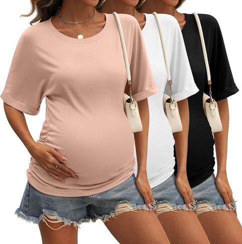 Ficerd 3 Pack Tomens Daternity Cotton Dorts ، نصف الأكمام الجانبية Ruched Tops Crew Neck Tunic Summer Tops Casual Frendancy in Kuwait