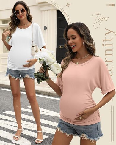 Ficerd 3 Pack Tomens Daternity Cotton Dorts ، نصف الأكمام الجانبية Ruched Tops Crew Neck Tunic Summer Tops Casual Frendancy in Kuwait