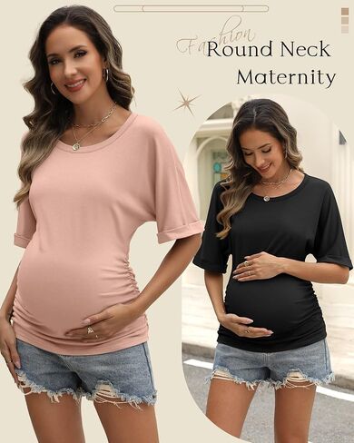 Ficerd 3 Pack Tomens Daternity Cotton Dorts ، نصف الأكمام الجانبية Ruched Tops Crew Neck Tunic Summer Tops Casual Frendancy in Kuwait