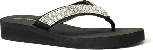 REDVOLUTION New Women's Rhinestone Sandals High | Low Platform T-Strap Jewel Sandals High Wedge Flip Flops in Saudi Arabia