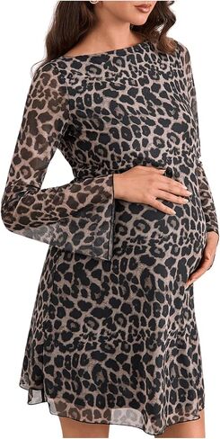 MakeMeChic Women's Maternity Mini Dress Leopard Print Mesh Bell Sleeve Backless Pregnancy Dresses in Saudi Arabia