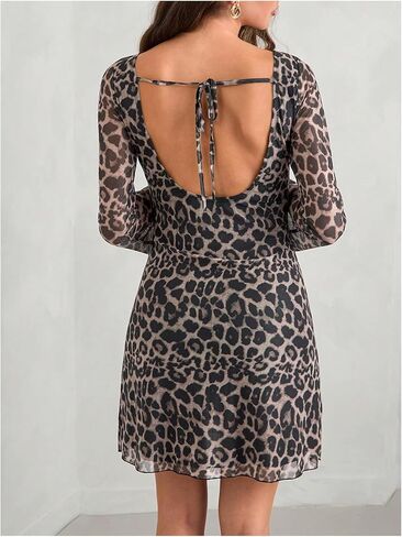 MakeMeChic Women's Maternity Mini Dress Leopard Print Mesh Bell Sleeve Backless Pregnancy Dresses in Saudi Arabia