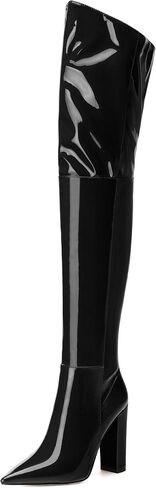 MERRORI Women's Thigh High Boots Pointed Toe 4.3-Inch Chunky Heel Over The Knee Boots Patent Sexy Fashion Side Zipper High Heel Boots in Kuwait