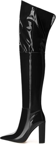 MERRORI Women's Thigh High Boots Pointed Toe 4.3-Inch Chunky Heel Over The Knee Boots Patent Sexy Fashion Side Zipper High Heel Boots in Kuwait