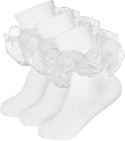 3 Pairs Girls Black Ruffle Socks - Turn Cuff Lace Big Double Ruffle Socks Princess Dress Socks Cotton Ankle Socks in Saudi Arabia