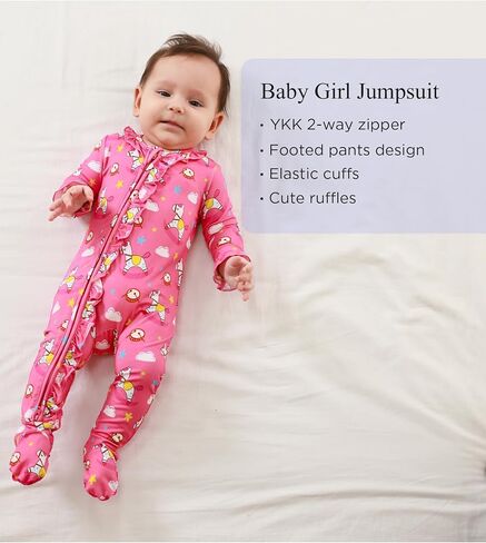 Bamboo Viscose Baby Girls Footie Pajamas Newborn Sleepers | 2-Way Zipper Footies, Ruffled Trim, Long Sleeve Footed Pjs, Soft Baby Clothes Infant Outfits, Skin-Friendly in Saudi Arabia