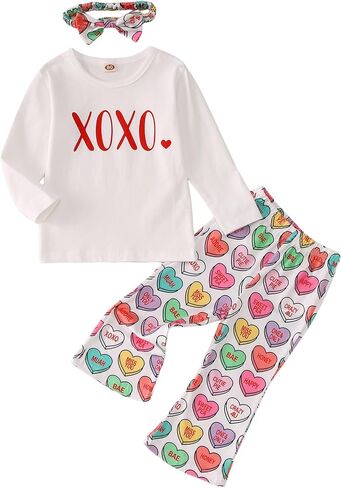 ملابس طفل طفل فتيات عيد الحب XOXO قمصان طويلة الأكمام+سراويل قلب محادثة محادثة in Kuwait