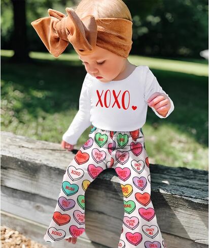 ملابس طفل طفل فتيات عيد الحب XOXO قمصان طويلة الأكمام+سراويل قلب محادثة محادثة in Kuwait