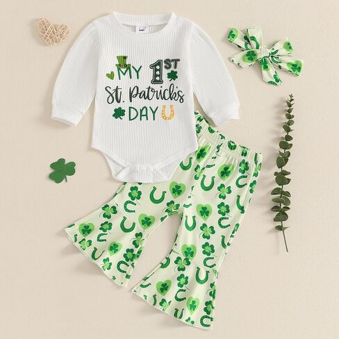 Karuedoo Newborn Baby Girl Valentines Day Outfit Letter Print Puff Sleeve Romper Heart Bell Bottom Pants Headband 3Pcs Set in Saudi Arabia