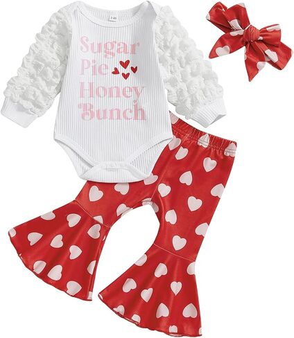 Karuedoo Newborn Baby Girl Valentines Day Outfit Letter Print Puff Sleeve Romper Heart Bell Bottom Pants Headband 3Pcs Set in Saudi Arabia
