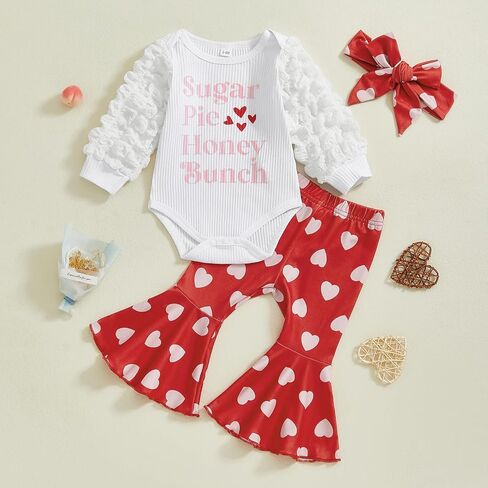 Karuedoo Newborn Baby Girl Valentines Day Outfit Letter Print Puff Sleeve Romper Heart Bell Bottom Pants Headband 3Pcs Set in Saudi Arabia