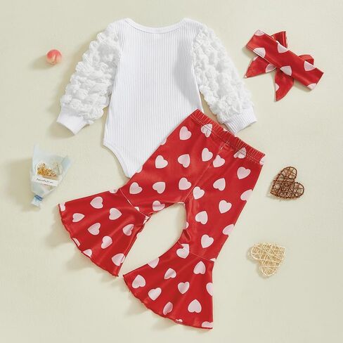 Karuedoo Newborn Baby Girl Valentines Day Outfit Letter Print Puff Sleeve Romper Heart Bell Bottom Pants Headband 3Pcs Set in Saudi Arabia
