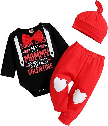 My First Valentine's Day Outfits for Infant Baby Boy Long Sleeve Romper Bodysuit Heart Letter Trousers Hat Set in Saudi Arabia