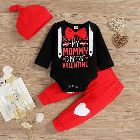 My First Valentine's Day Outfits for Infant Baby Boy Long Sleeve Romper Bodysuit Heart Letter Trousers Hat Set in Saudi Arabia