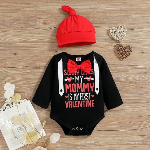 My First Valentine's Day Outfits for Infant Baby Boy Long Sleeve Romper Bodysuit Heart Letter Trousers Hat Set in Saudi Arabia