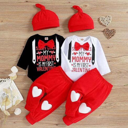 My First Valentine's Day Outfits for Infant Baby Boy Long Sleeve Romper Bodysuit Heart Letter Trousers Hat Set in Saudi Arabia