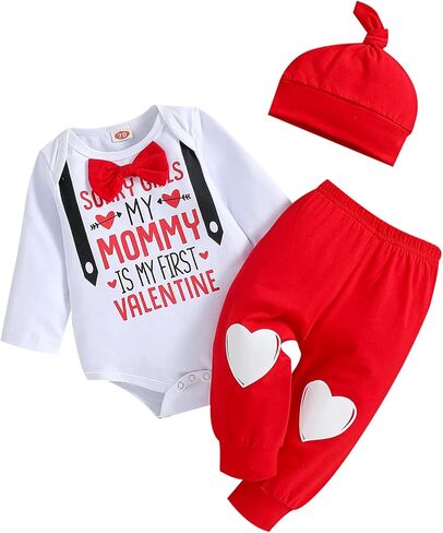 My First Valentine's Day Outfits for Infant Baby Boy Long Sleeve Romper Bodysuit Heart Letter Trousers Hat Set in Kuwait