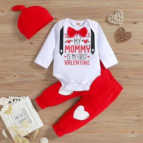 My First Valentine's Day Outfits for Infant Baby Boy Long Sleeve Romper Bodysuit Heart Letter Trousers Hat Set in Kuwait
