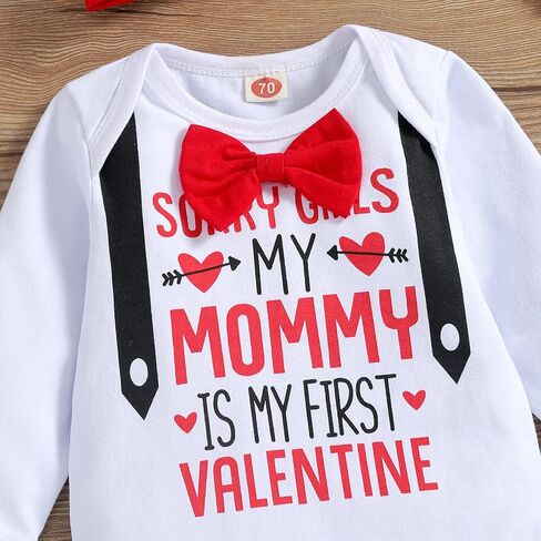 My First Valentine's Day Outfits for Infant Baby Boy Long Sleeve Romper Bodysuit Heart Letter Trousers Hat Set in Kuwait