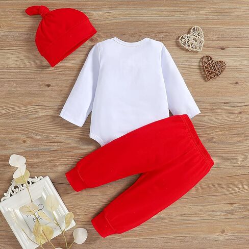My First Valentine's Day Outfits for Infant Baby Boy Long Sleeve Romper Bodysuit Heart Letter Trousers Hat Set in Kuwait