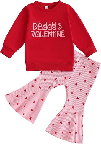 Toddler Baby Girl Valentines Day Outfit Crewneck Sweatshirt Bell Bottom Pants Valentine’s Day Clothes in Saudi Arabia