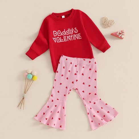 Toddler Baby Girl Valentines Day Outfit Crewneck Sweatshirt Bell Bottom Pants Valentine’s Day Clothes in Saudi Arabia
