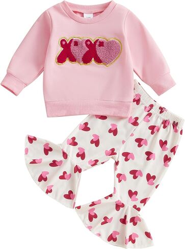 Toddler Baby Girl Valentines Day Outfit Crewneck Sweatshirt Bell Bottom Pants Valentine’s Day Clothes in Saudi Arabia