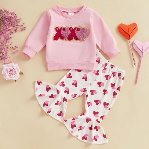 Toddler Baby Girl Valentines Day Outfit Crewneck Sweatshirt Bell Bottom Pants Valentine’s Day Clothes in Saudi Arabia
