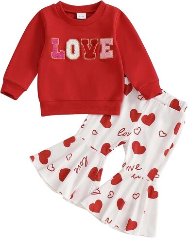 Toddler Girl Valentine’s Day Outfits XOXO Letter Print Ruffle Sleeve Sweatshirt+Flare Pants Set Spring Heart Clothes in Kuwait