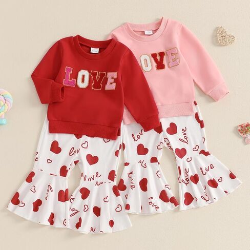 Toddler Girl Valentine’s Day Outfits XOXO Letter Print Ruffle Sleeve Sweatshirt+Flare Pants Set Spring Heart Clothes in Kuwait
