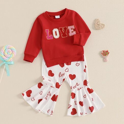 Toddler Girl Valentine’s Day Outfits XOXO Letter Print Ruffle Sleeve Sweatshirt+Flare Pants Set Spring Heart Clothes in Kuwait
