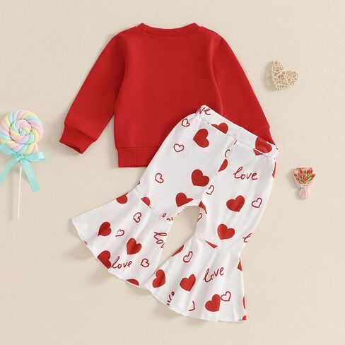 Toddler Girl Valentine’s Day Outfits XOXO Letter Print Ruffle Sleeve Sweatshirt+Flare Pants Set Spring Heart Clothes in Kuwait