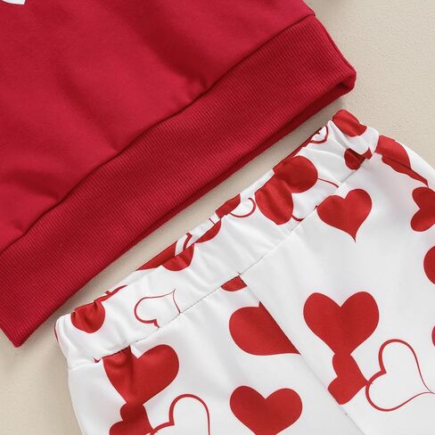 Toddler Girl Valentine’s Day Outfits XOXO Letter Print Ruffle Sleeve Sweatshirt+Flare Pants Set Spring Heart Clothes in Kuwait