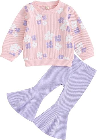 DSORVICD Toddler Girl Fall Clothes Floral Knit Crewneck Sweatshirts Flare Pants Set Bell-Bottoms Outfits in Saudi Arabia