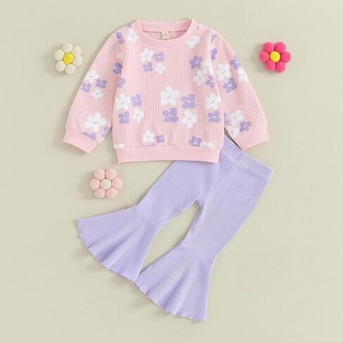 DSORVICD Toddler Girl Fall Clothes Floral Knit Crewneck Sweatshirts Flare Pants Set Bell-Bottoms Outfits in Saudi Arabia