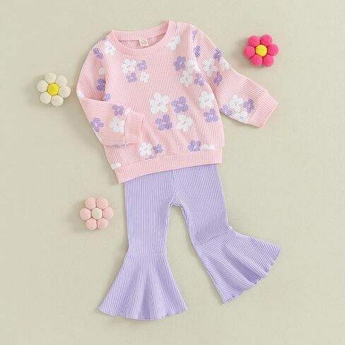 DSORVICD Toddler Girl Fall Clothes Floral Knit Crewneck Sweatshirts Flare Pants Set Bell-Bottoms Outfits in Saudi Arabia