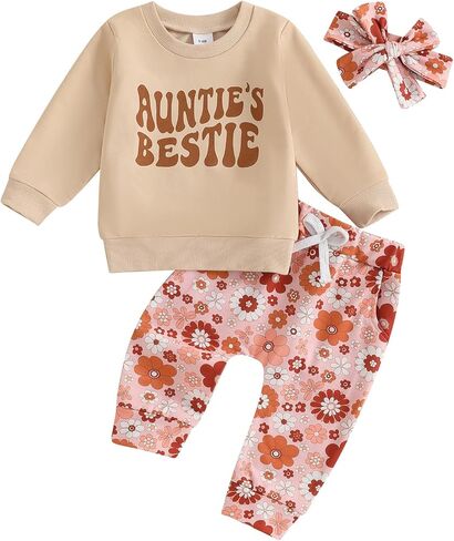 Aunties Bestie Baby Clothes Baby Girl Aunt Saying Letter Sweatshirt Pullover Floral Long Pants Headband 3Pcs Outfit in Kuwait