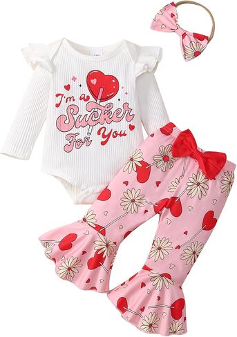 Baby Girl My First Valentine's Day Clothes Long Sleeve Ruffle Love Heart Print Romper+Flared Pants 3Pcs Outfit in Saudi Arabia