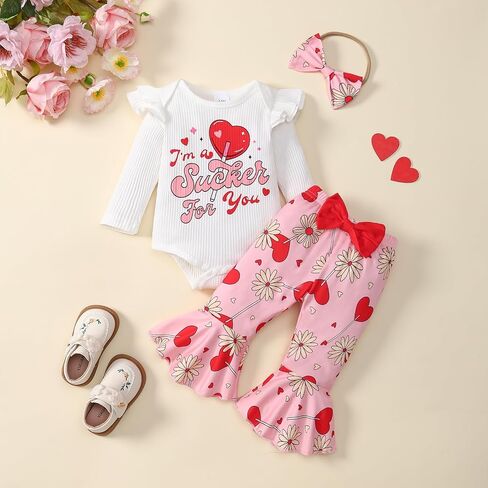 Baby Girl My First Valentine's Day Clothes Long Sleeve Ruffle Love Heart Print Romper+Flared Pants 3Pcs Outfit in Saudi Arabia