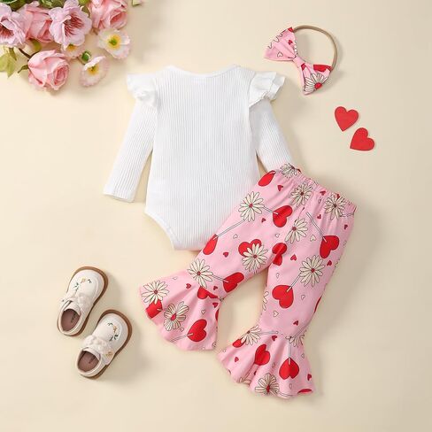 Baby Girl My First Valentine's Day Clothes Long Sleeve Ruffle Love Heart Print Romper+Flared Pants 3Pcs Outfit in Saudi Arabia